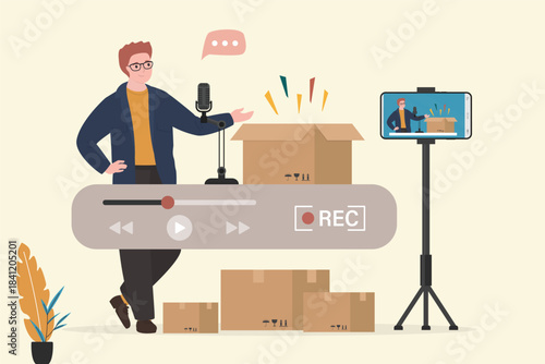 Video blogger making video for blog, box unpacking, vlog review, young man and mobile phone on tripod. Businessman use smartphone camera making video content for social network