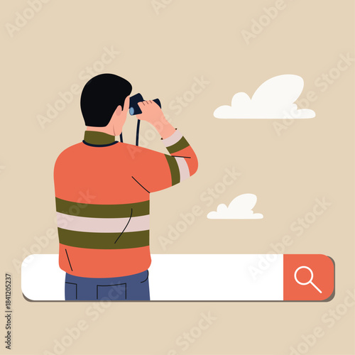 Young man looking in binocular on search bar. Flat style cartoon vector illustration.