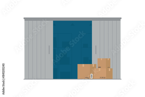 Warehouse building exterior. Small warehouse isolated on white background. Warehouse storage, global logistic industry, delivery service, shipment, package boxes.
