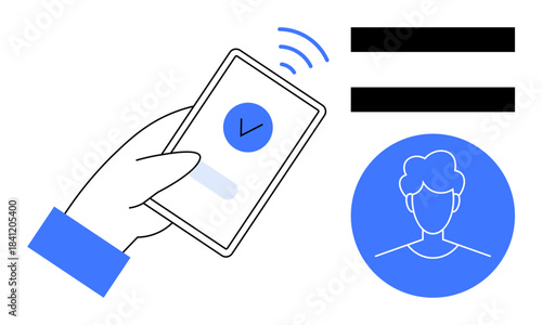 Hand holding phone with checkmark, profile icon, and equality sign denoting verification, access, or secure login. Ideal for technology, identity, access, equality security approval