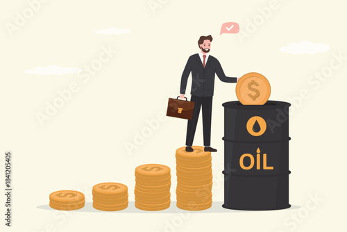 Smart businessman putting coin into oil barrel. Invests giant money in commodities. Male investor investing in crude oil industry to get return profit.