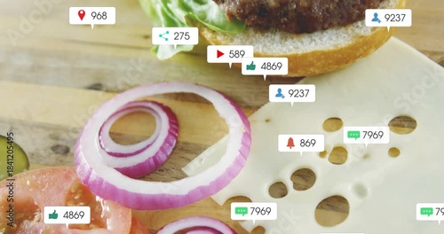 Bubbles appearing above onion and cheese, growing over food, camera moving down showing engagement