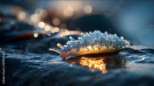 Translucent Sea Creature Glowing on Wet Rock with Dreamy Coastal Light