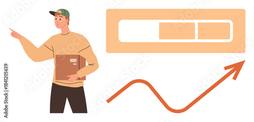 Delivery worker holding a package, gesturing toward a progress bar and upward arrow. Ideal for logistics, business growth, efficiency, delivery tracking, progress, productivity, simple flat metaphor