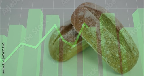Green overlay appearing and animating bars, neon line over two artisan loaves, showing market trend