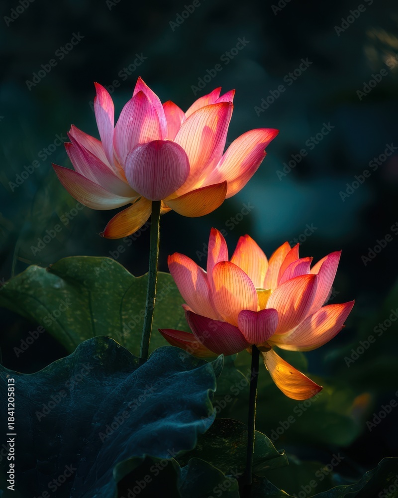 Obraz premium Two Pink and Orange Lotus Flowers Glowing with Light and Dark Leaves bloom