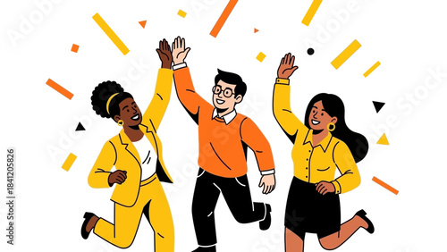 Diverse group celebrating success with high fives and confetti