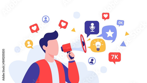 Character holding megaphone for public announcement, surrounded by social engagement icons