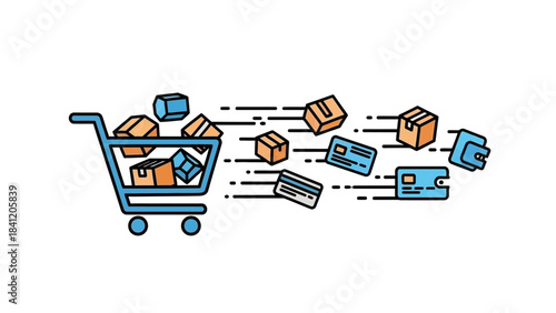 Fast-paced online commerce illustration with a cart, boxes, payment cards, and wallets