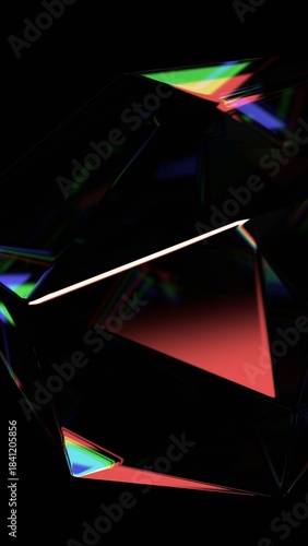 Abstract iridescent background, colorful reflections and refractions on glass surface, vertical orientation, 3d render