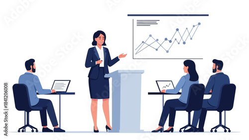 Woman in suit presents graph to audience at desks with laptops