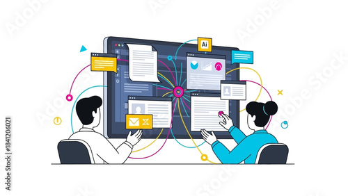 Two users collaborate, managing digital data and AI insights across a large interactive screen