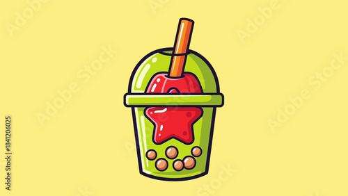 Cartoon Boba Tea with Star Topping and Tapioca Pearls.