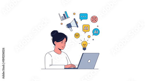 Woman typing on laptop surrounded by AI, data, idea, communication, and marketing icons