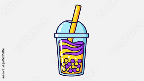 Cartoon Boba Tea Illustration with Tapioca Pearls and Straw.