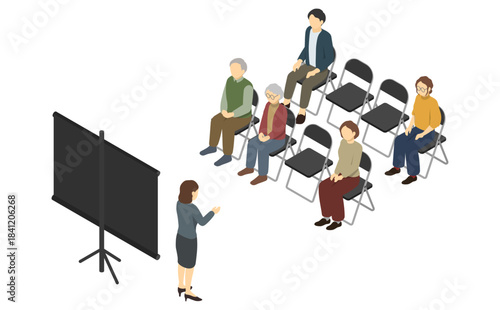 アイソメトリックイラスト：プロジェクターを使って人々に説明する女性1