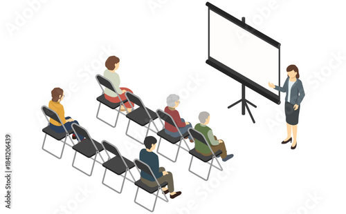 アイソメトリックイラスト：プロジェクターを使って人々に説明する女性2