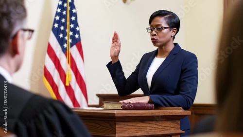 African american woman swearing an oath in court. Witness or defendant taking an oath during a legal proceeding, judicial system.