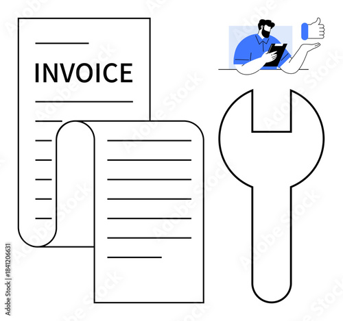 Business finance, repair services, communication, customer support, billing solutions, maintenance management. Invoice document, wrench and customer illustration. Business finance and repair