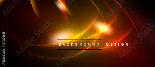 Abstract design features glowing curves, warm colors, dark background. Bright light radiates from center, creating dynamic visual effect.