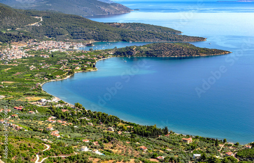 high view on the peloponese coast with beautiful blue water in Greece