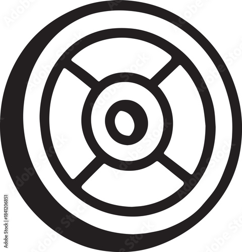 A simple monochrome design of a gear with a circular shape, featuring a central hub and surrounding segments, symbolizing precision and mechanical processes.