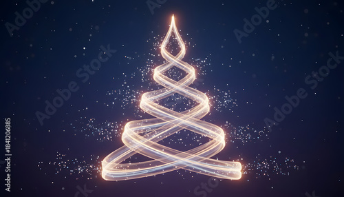 Soft luminous Christmas tree outline with radiant curves and drifting sparkle dust, crystal-clear.