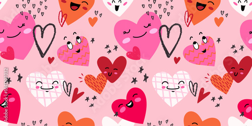 Seamless pattern hand-drawn hearts with cute faces in playful doodle style. Festive Valentine's day vector background. Bright romantic design for holiday wrapping paper, fabric love prints, stationery