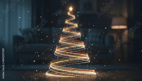 Bright Christmas tree silhouette composed of glittery spiral streaks with floating glow spots.