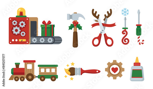 Christmas Toy Workshop Tools Vector Icons Holiday Crafting Equipment Set