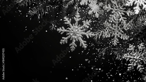Silver hanging snowflakes border on black background. Winter holiday decoration with copy space for text