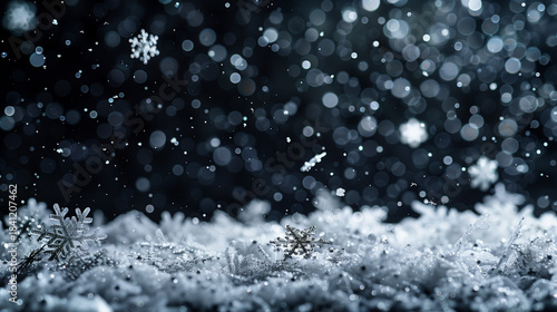 Silver hanging snowflakes border on black background. Winter holiday decoration with copy space for text