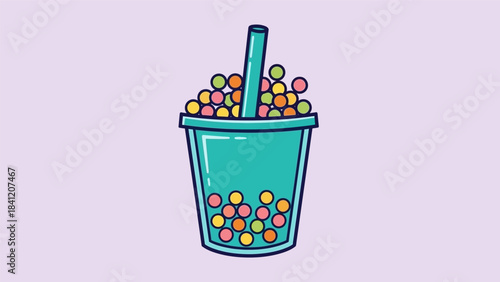 Colorful Boba Tea Illustration with Straw in a Teal Cup.