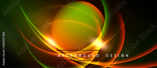 Abstract vibrant waves, orange, green hues dominate. Dark background enhances luminosity, creating dynamic visual effect. Modern design element.