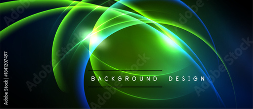 Abstract neon lights create dynamic curves. Bright green, blue hues blend against dark backdrop. Modern design element.