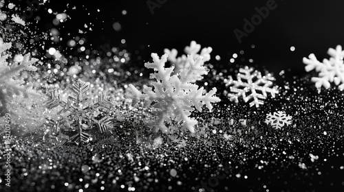 Silver hanging snowflakes border on black background. Winter holiday decoration with copy space for text