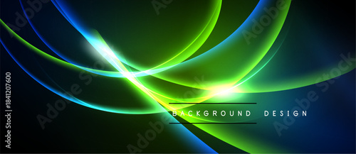 Abstract vibrant lines create dynamic energy. Green, blue hues dominate dark background. Modern design element for digital projects.