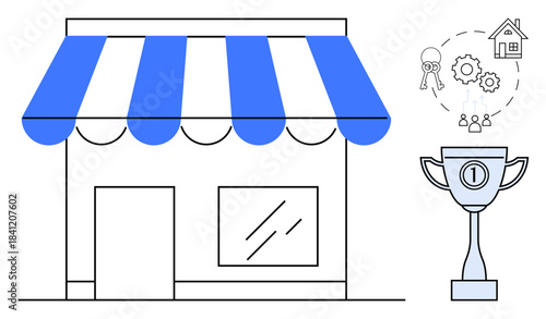 Small business concept. Small business achievement ed with storefront, trophy for success, and icons of keys and gears. Small business growth and recognition. For startups, entrepreneurship