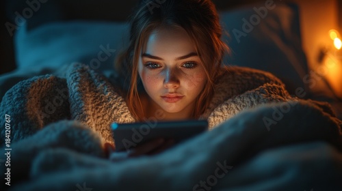 A girl wrapped in a blanket using a glowing smartphone in bed during nighttime, illuminated by soft warm lighting, representing modern technology, relaxation, communication, peaceful evening lifestyle