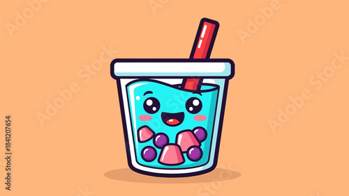 Cute Boba Tea Cartoon Illustration with Smiling Face and Straw.