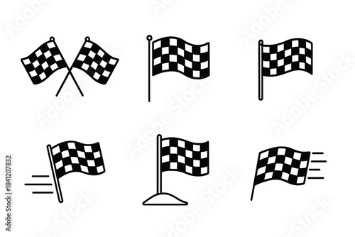 Various black and white checkered flags in different positions and styles for racing or signaling