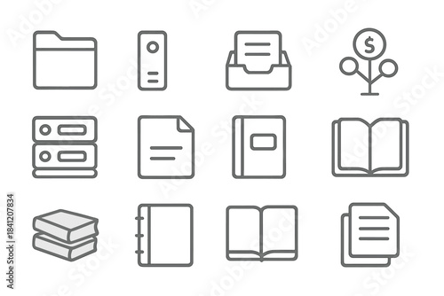 Collection of simple icons showing office supplies and documents used for organizing tasks and information in a workspace environment