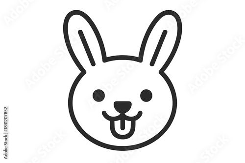 Cute cartoon rabbit face with long ears and a sticking tongue in a simple black line design on a white background