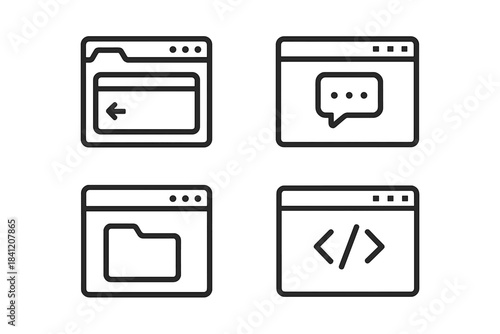 Various web browser icons showing folder, chat, and code panel in simple line style