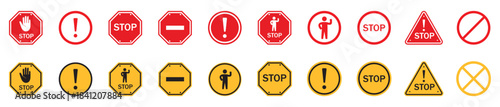Red and yellow stop sign with with white hand, do not enter. Warning stop sign. Warning sign, attention, prohibition, danger, alert, road sign , vector illustration.