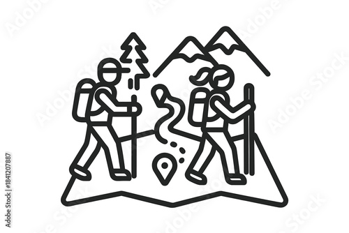 People hiking on a trail in the mountains with trees and a winding path visible