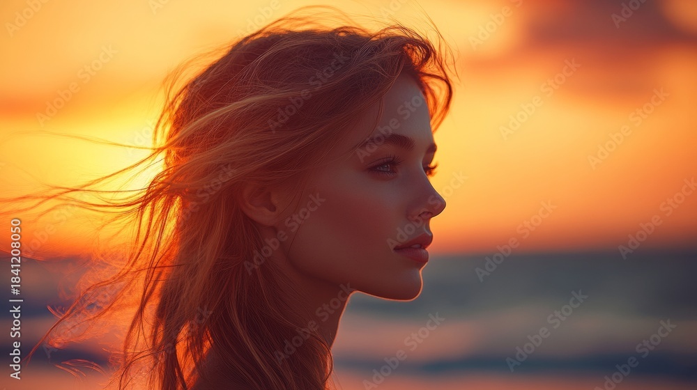 Fototapeta premium Beautiful young woman standing against ocean sunset with hair blowing in wind, sky filled with warm golden light, freedom, inspiration, mindfulness, tranquility, natural beauty, emotional expression.