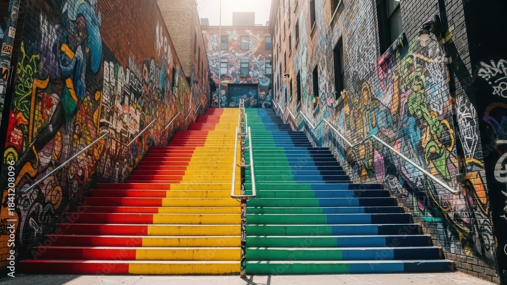 Fototapeta premium Vibrant urban staircase with colorful graffiti in city alley