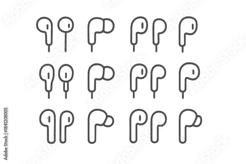 Different designs of wireless earbuds arranged in a grid pattern showing variations in shape and style for user choice