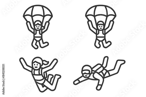 Sky divers performing parachute jumps in a clear blue sky during a sunny day in a recreational outdoor area